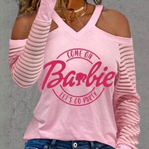 Barbie Come On Let's Go Party Pink Cold Shoulder Knit Top Size XL